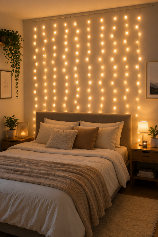 Fairy light wall behind a bedroom bed.