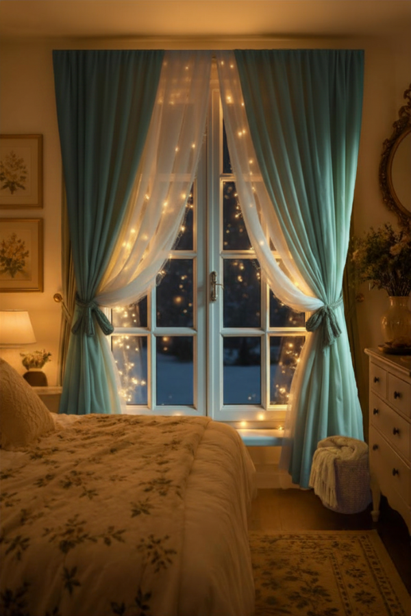 Warm fairy lights glowing behind sheer curtains on a cozy bedroom window.