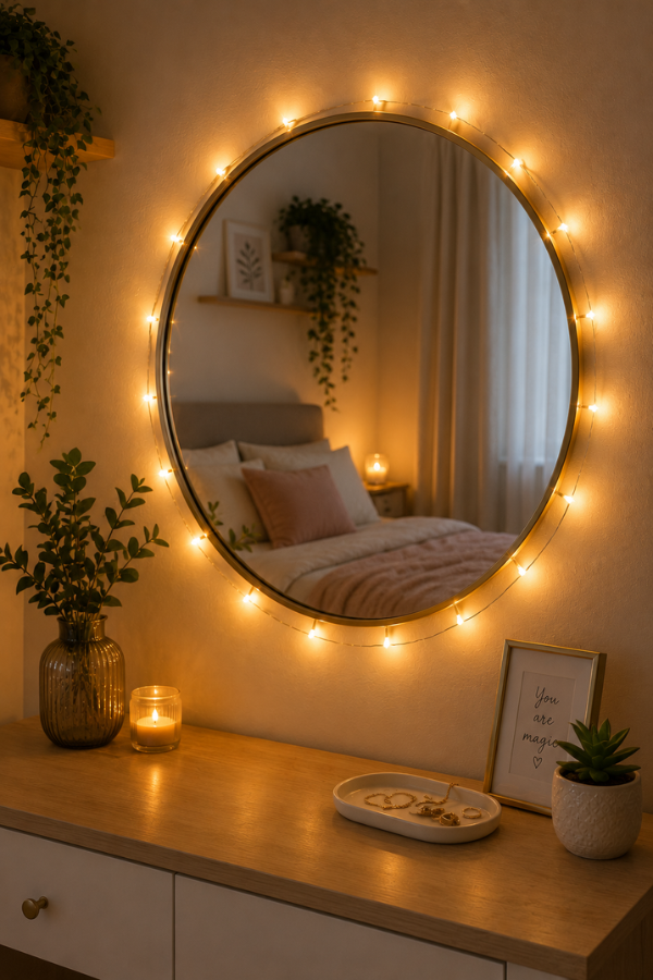Bedroom mirror decorated with fairy lights.