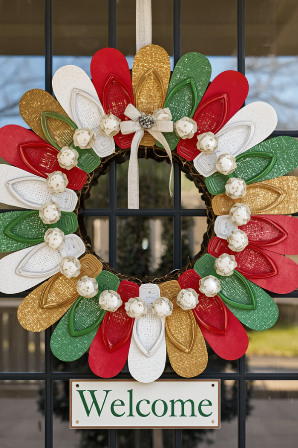 Large handmade Christmas wreath made from red, green, white, and gold glitter flip-flops arranged in a circular floral pattern on a glass-paneled front door.
