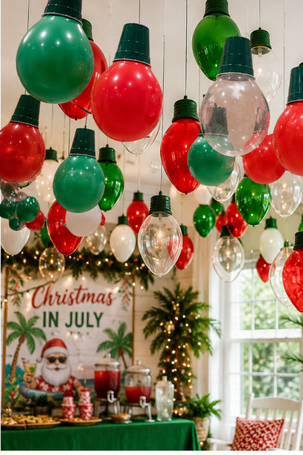Oversized Christmas Light Balloon Decorations for a Christmas in July Party
