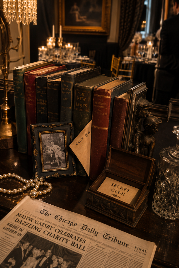 Hidden clues for a 1920s murder mystery game.
