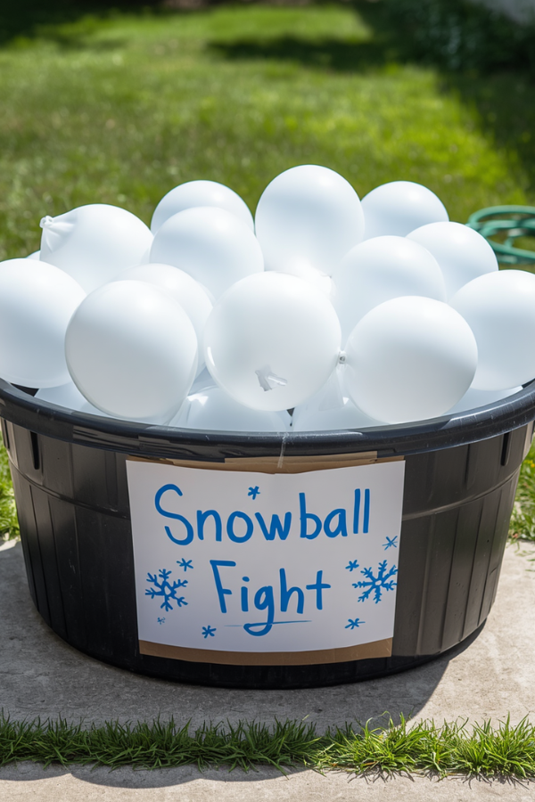 Tub filled with white water balloons labeled "Snowball Fight" for a Christmas in July backyard party activity.