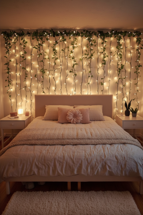 Bedroom with cascading ivy vines and warm fairy lights behind the bed.