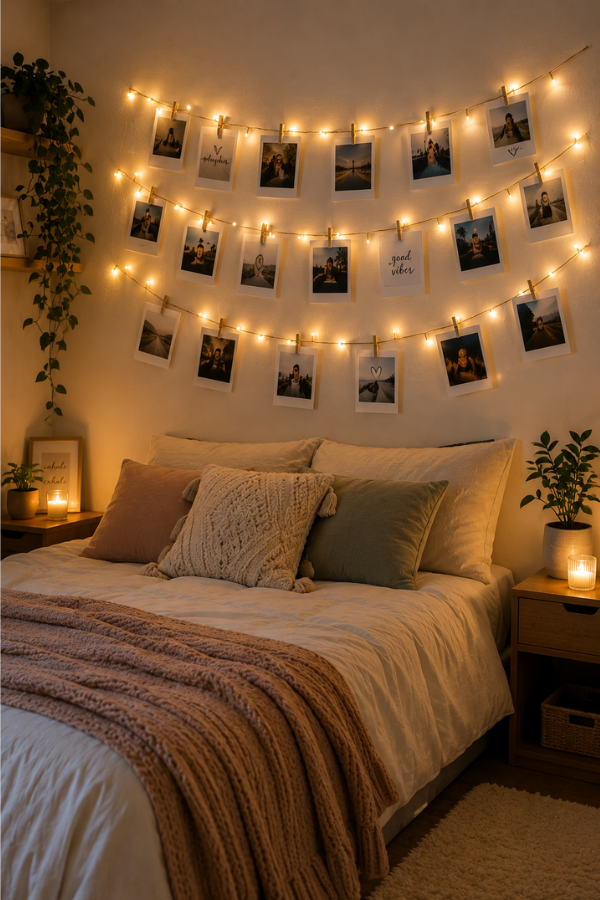 Fairy lights displaying photos on a bedroom wall.