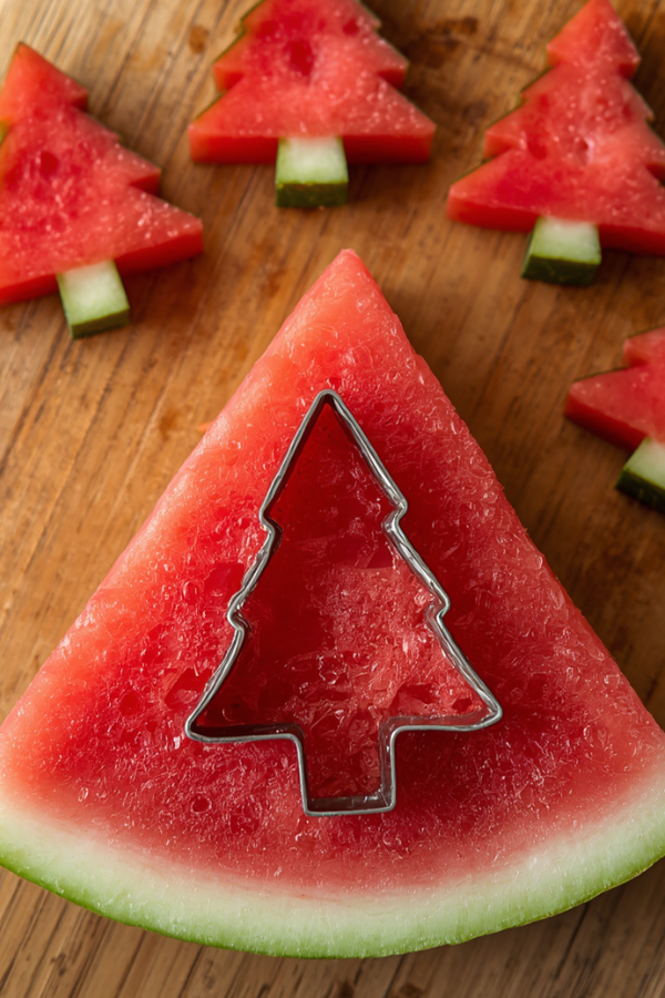 Christmas tree-shaped watermelon snacks cut with a cookie cutter on a rustic wooden cutting board.