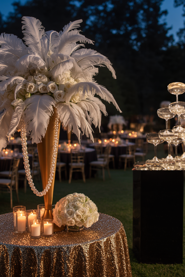 Luxury outdoor Great Gatsby-inspired 1920s mystery dinner party with gold sequin cocktail table, ostrich feather centerpieces, champagne tower, candles, and elegant black and gold décor.