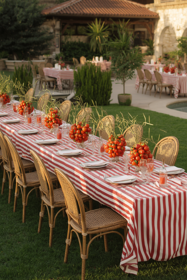 Italian-inspired outdoor dining setup with striped tablecloths, fresh tomato decorations, woven bistro chairs, and a sunlit garden party atmosphere.