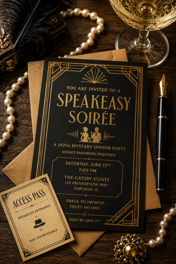 1920s speakeasy style mystery dinner party invitation.