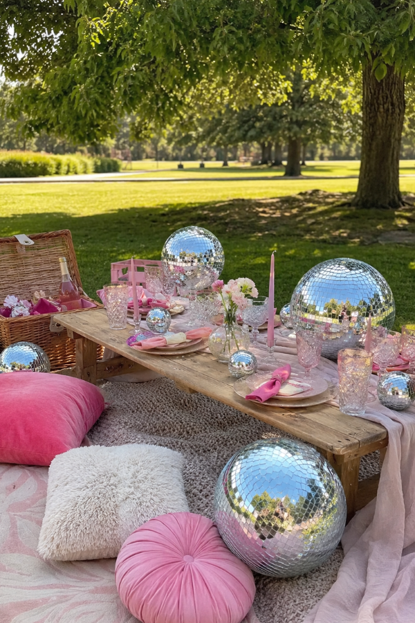 Disco picnic setup with silver disco balls and pink cushions.