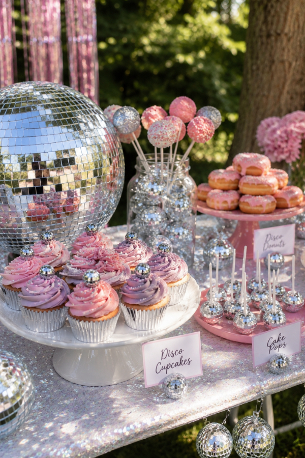 Disco dessert table with themed cupcakes and cookies.