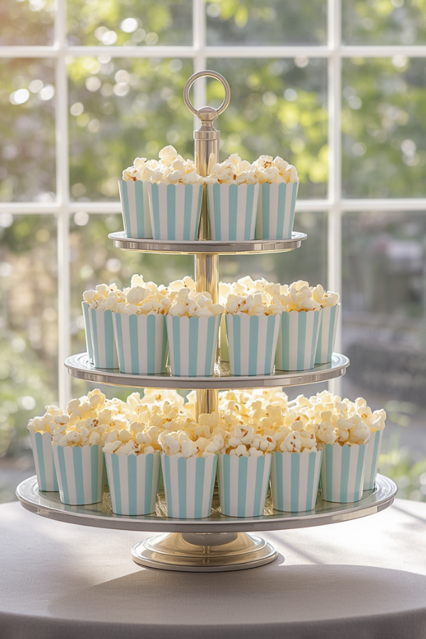 Three-tier silver serving stand filled with individual striped popcorn cups, creating an elegant miniature snack display for a Mini Everything Party.