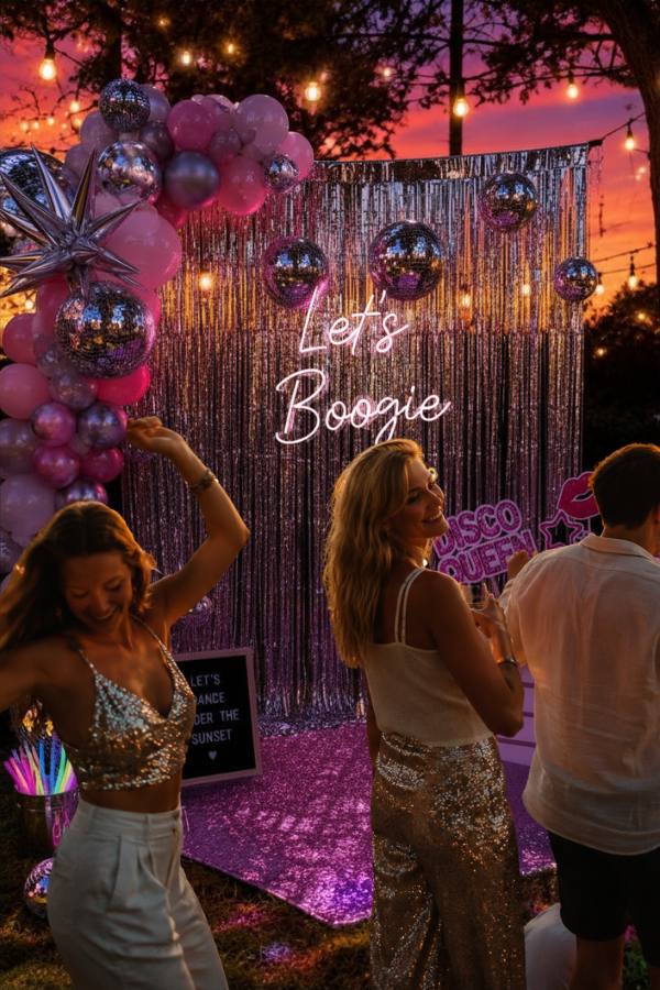 Sunset disco picnic party with lights and dancing guests.