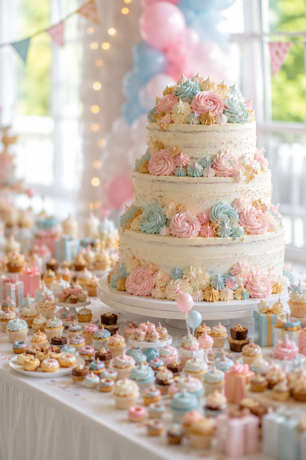 Giant celebration cake surrounded by miniature party food and decorations.