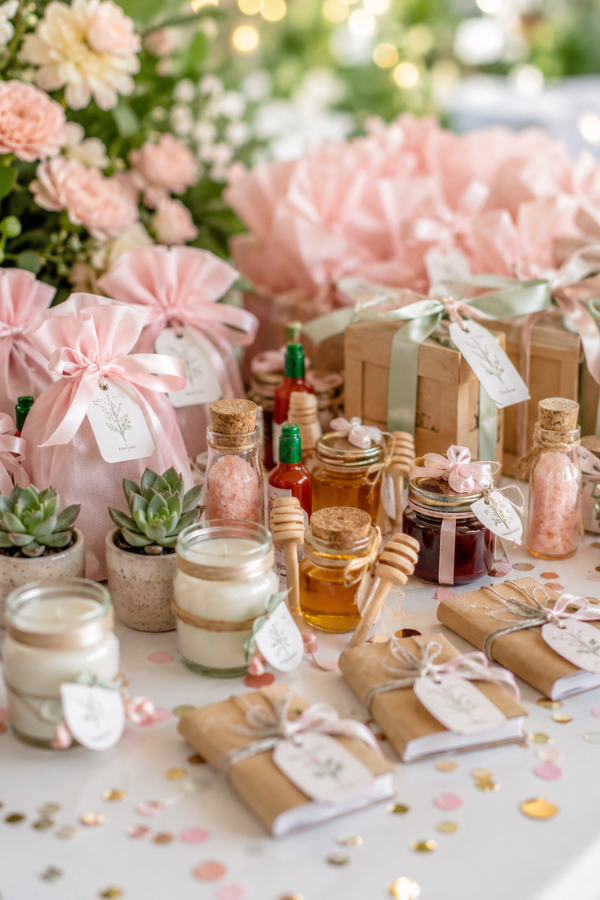 Collection of miniature party favors including candles, succulents, honey jars, and notebooks.