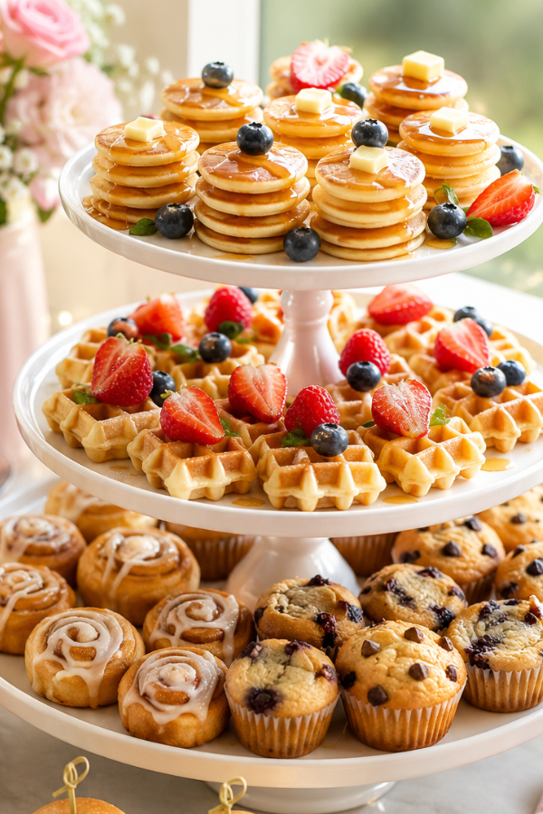 Tiered breakfast display with mini pancakes, waffles, croissants, and muffins.