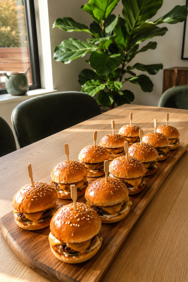 Mini cheeseburger sliders arranged on a wooden serving board