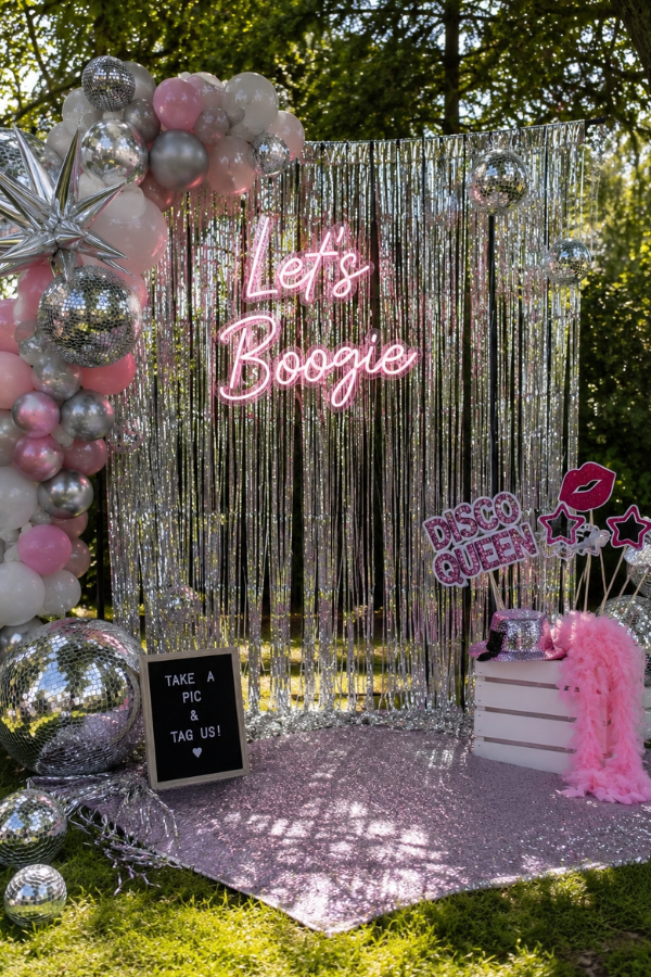 Disco-themed outdoor photo booth with silver decorations.