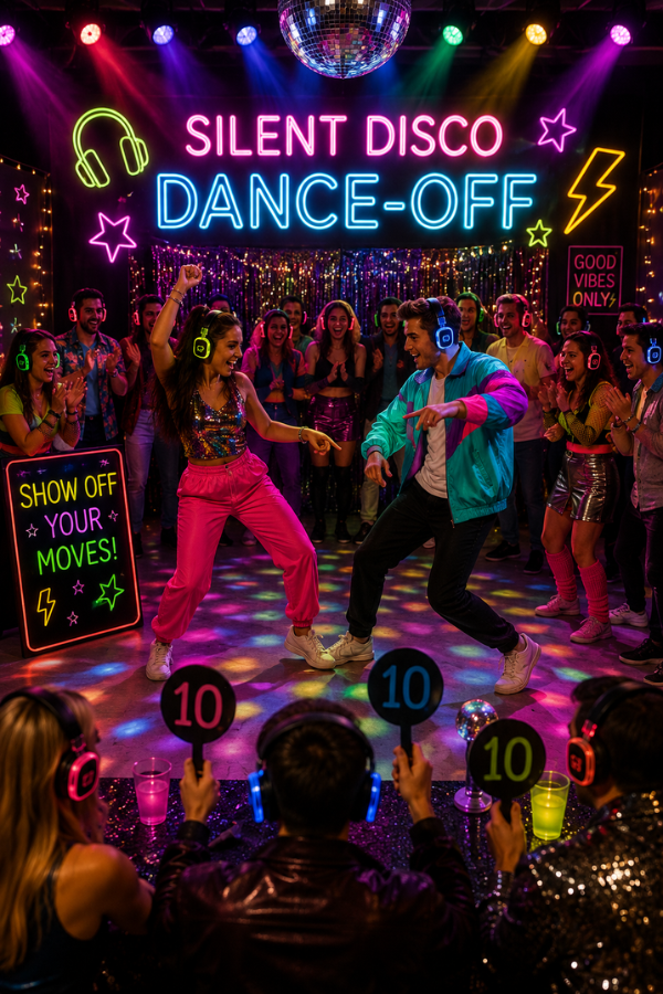 Silent disco dance-off with two dancers competing under neon lights as guests cheer.