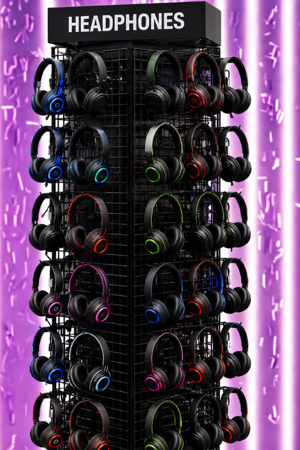 Tall black headphone display rack holding rows of colorful over-ear headphones in a retail setting.