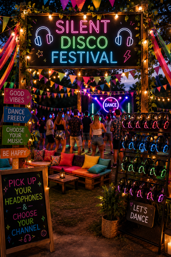 Silent disco festival with glowing headphones, colorful bunting, fairy lights and an outdoor dance area.