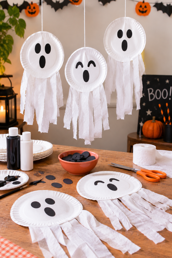 Paper plate ghosts with hanging streamers and Halloween craft supplies.