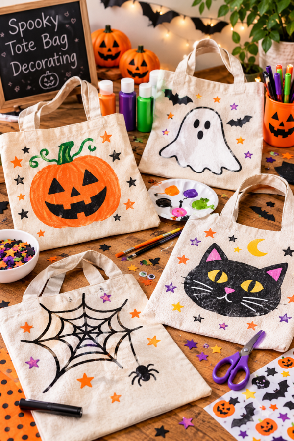 Halloween tote bags decorated with pumpkins, ghosts, cats, and spiderwebs.