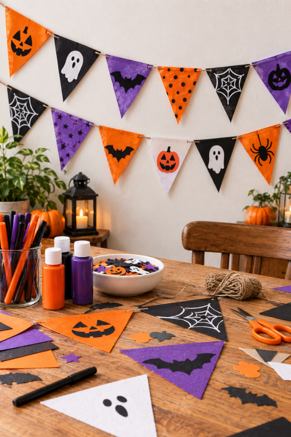 Handmade Halloween bunting with pumpkins, ghosts, bats, and spiderweb designs.