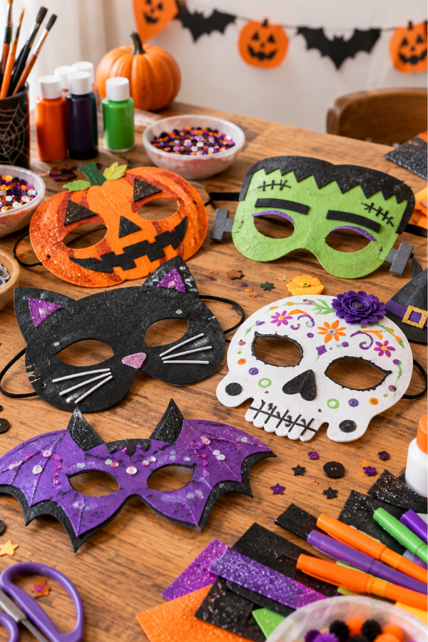 Handmade Halloween masks including pumpkins, cats, bats, skulls, and Frankenstein designs with craft supplies.