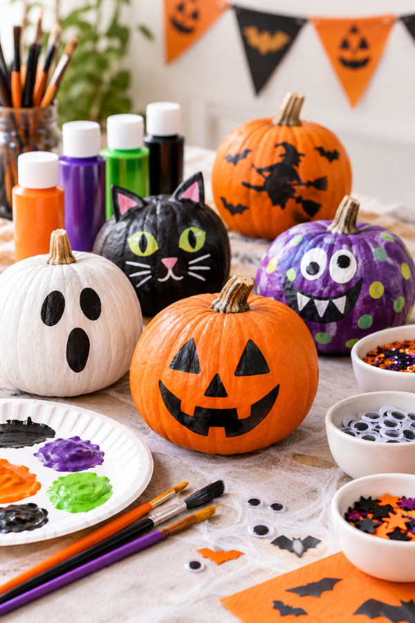 Painted Halloween pumpkins with spooky designs surrounded by paint, brushes, and craft supplies.
