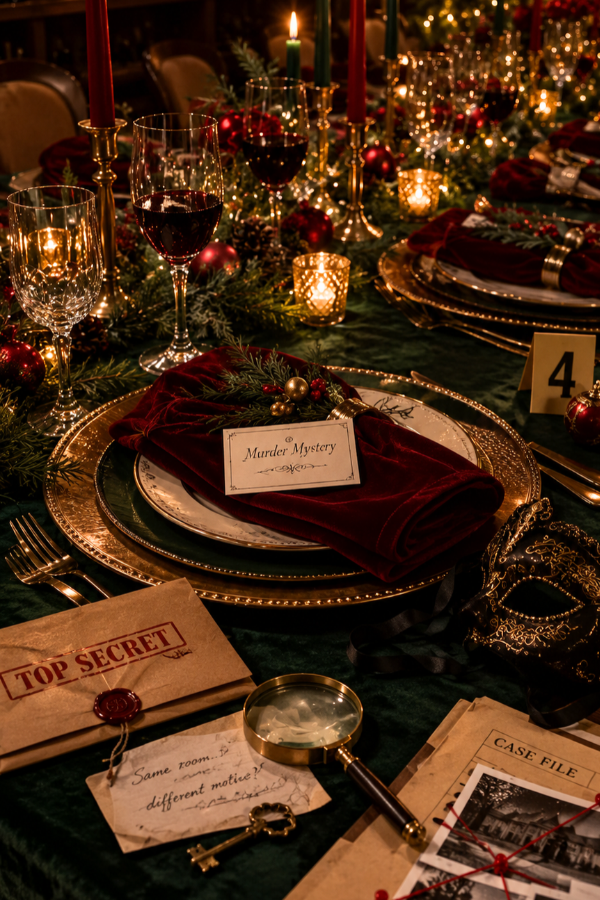 Christmas murder mystery party scene with a festive Victorian room, glowing fireplace, Christmas tree, spilled wine and mystery clues on a dining table.