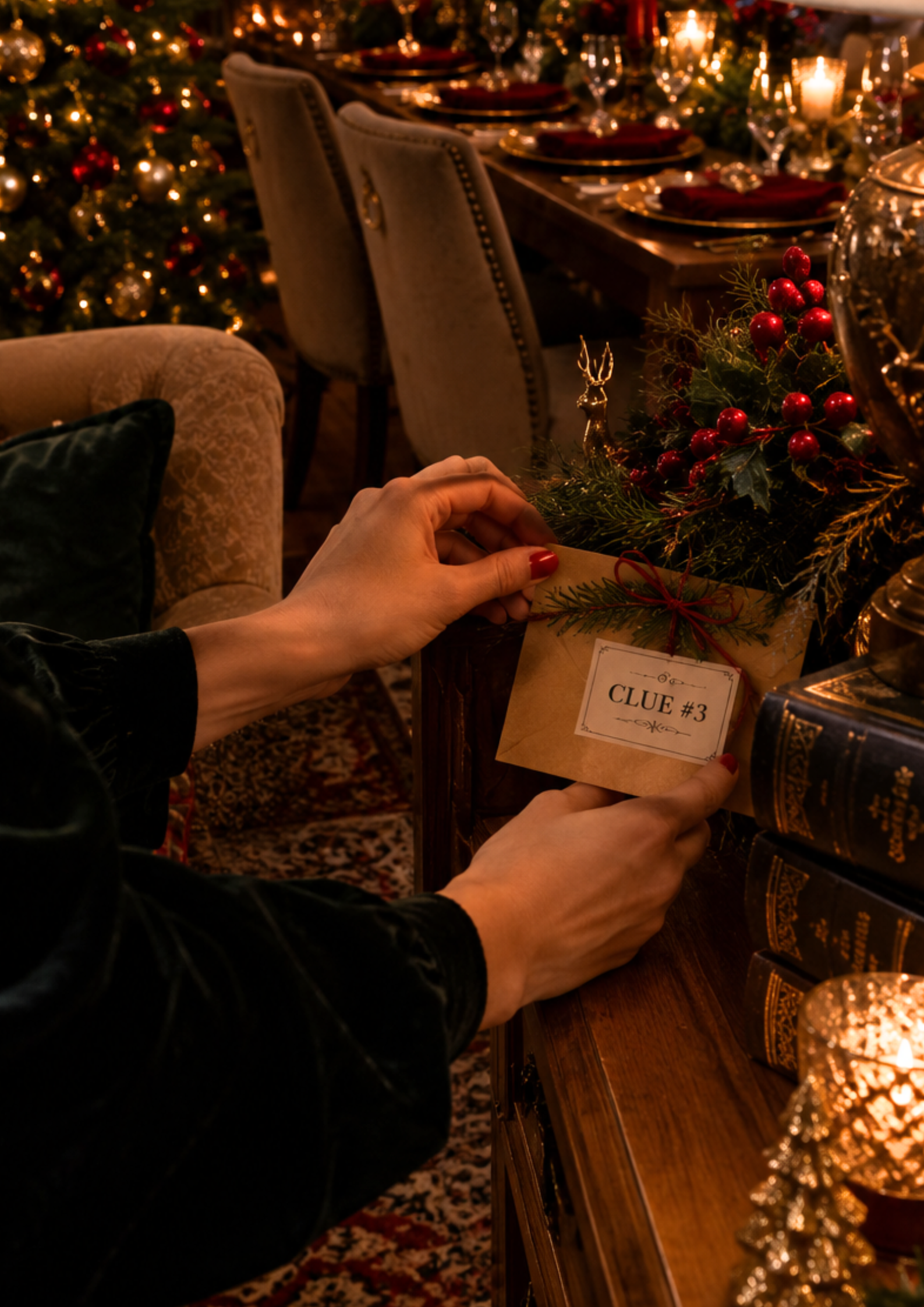 A guest secretly hiding a murder mystery clue among festive Christmas decorations in a warmly lit home.