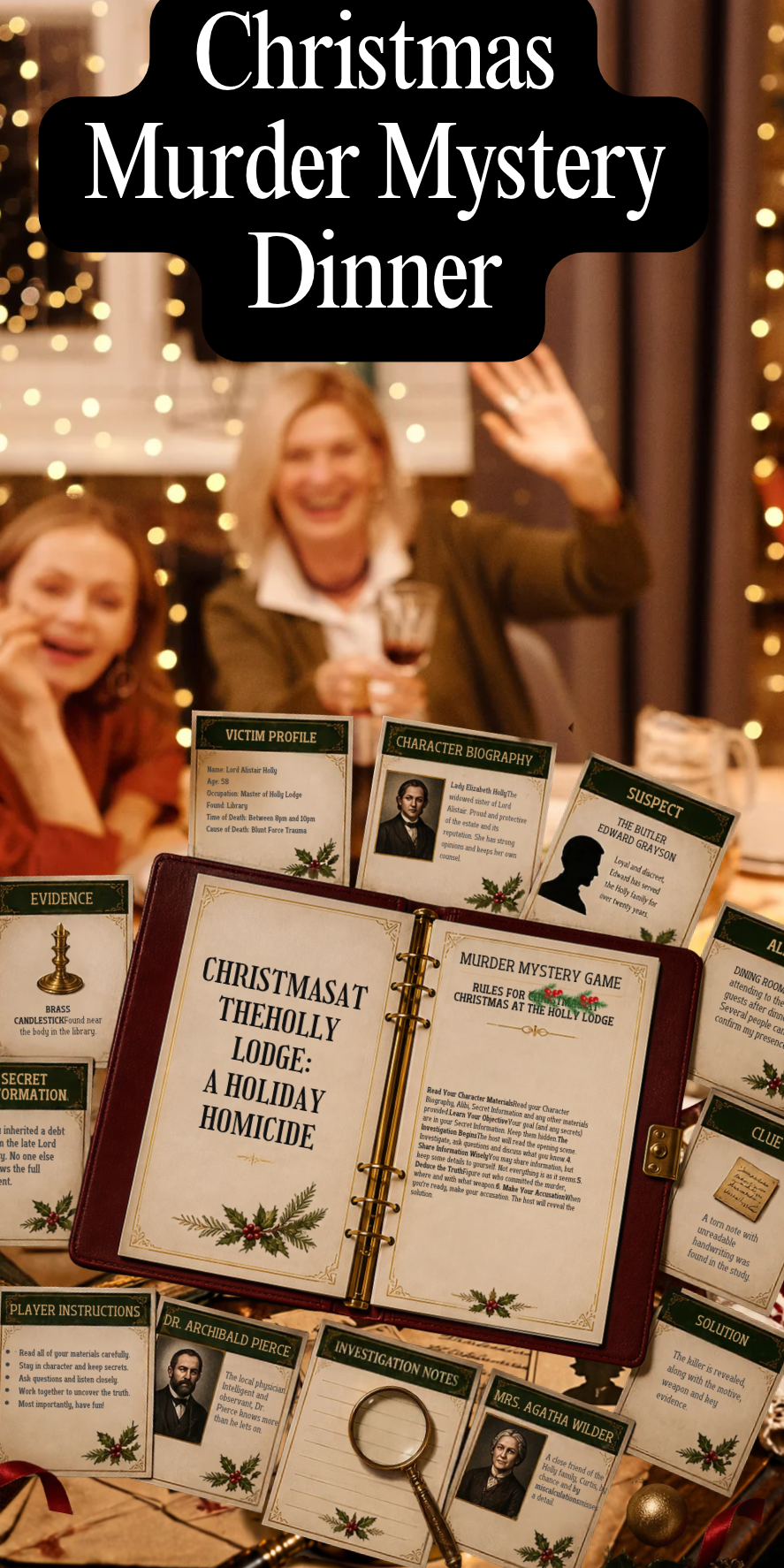 Christmas murder mystery dinner party with guests, candles, festive decorations, and detective clue cards spread across the table.