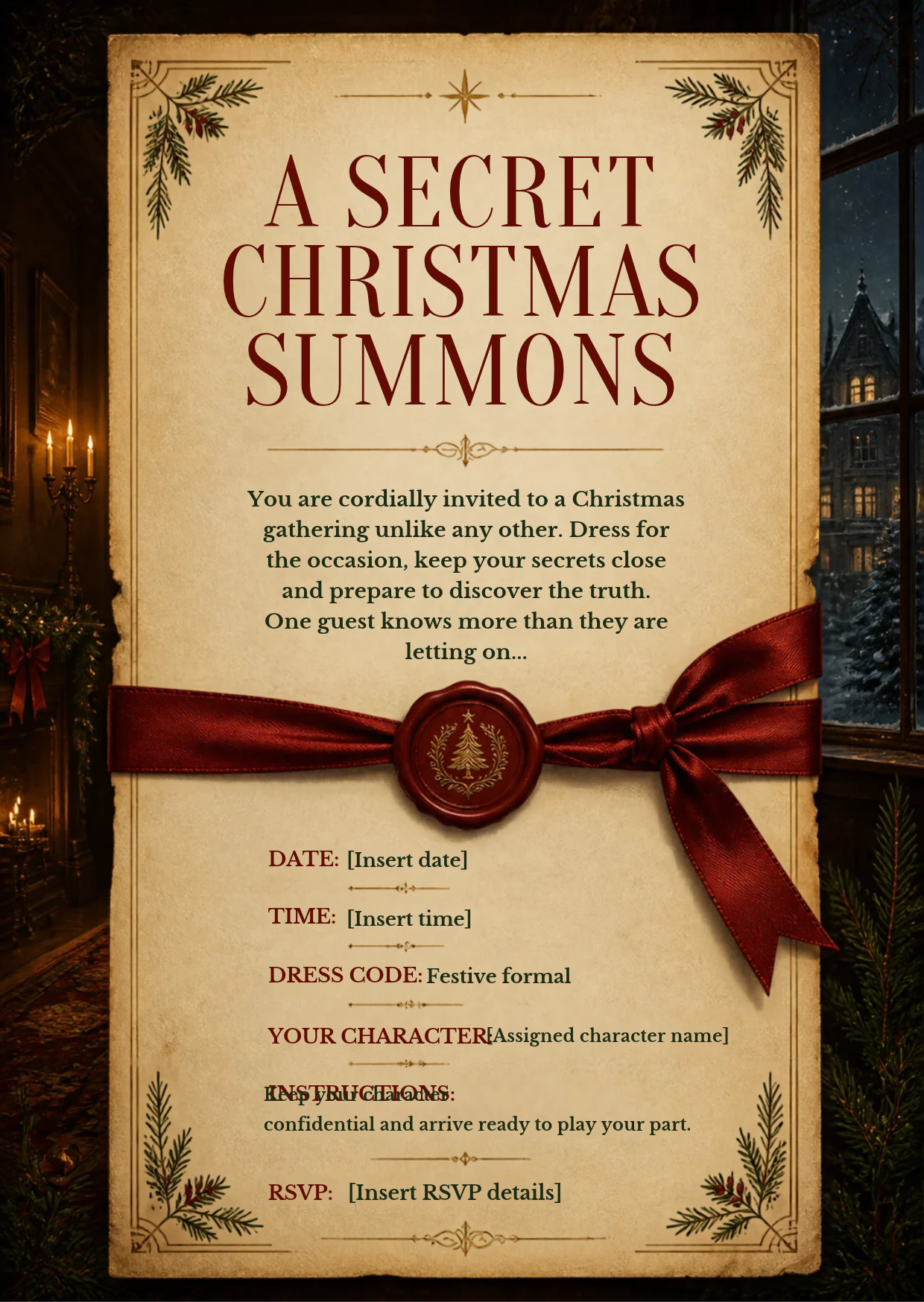 Vintage Christmas murder-mystery invitation on aged parchment, featuring red ribbon, evergreen accents, and secret-summons text.